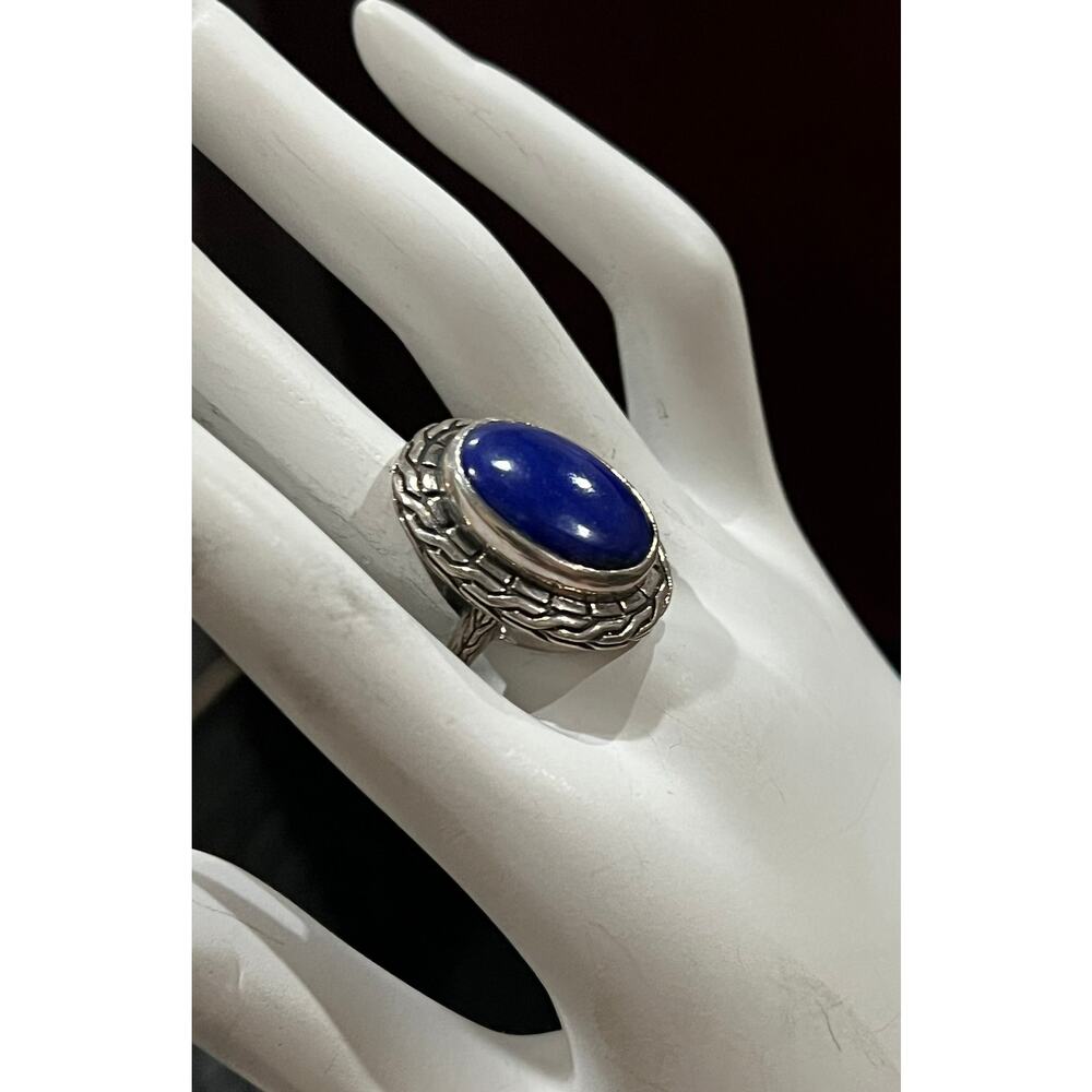 Large STS Sterling Silver & Lapis Lazuli Basket Weave Statement Ring - Picture 4 of 12